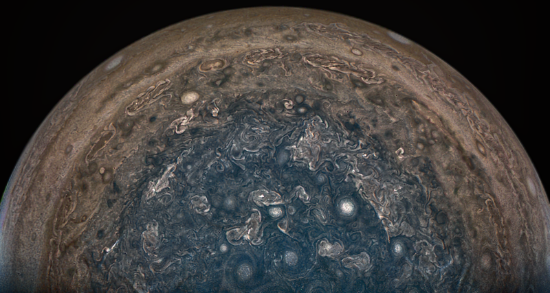 Juno was directly over Jupiter’s south pole when it took this photo.